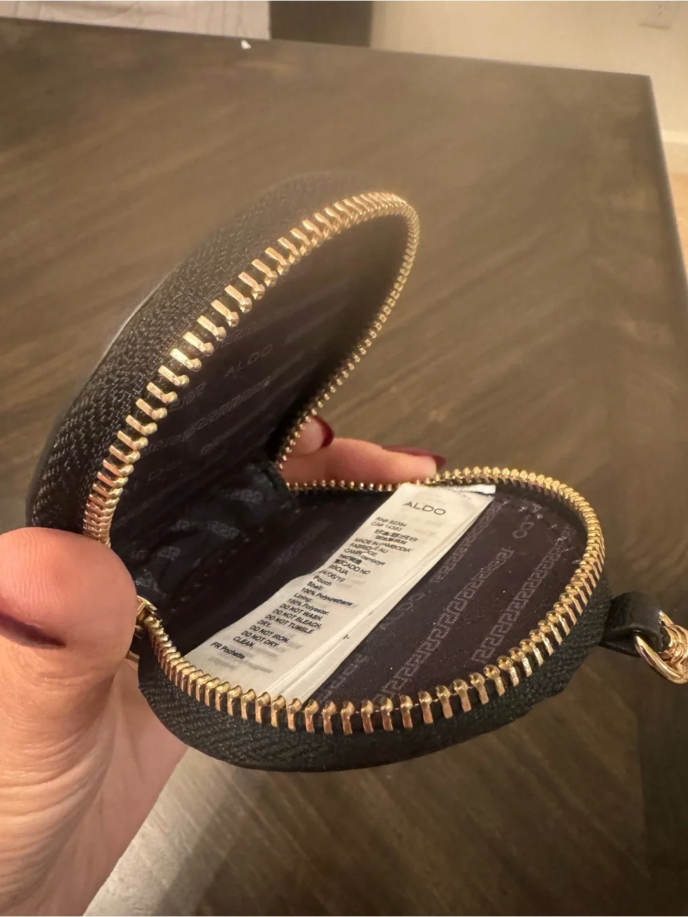 Aldo Black Round Zip Key & Card Holder with Gold Hardware
